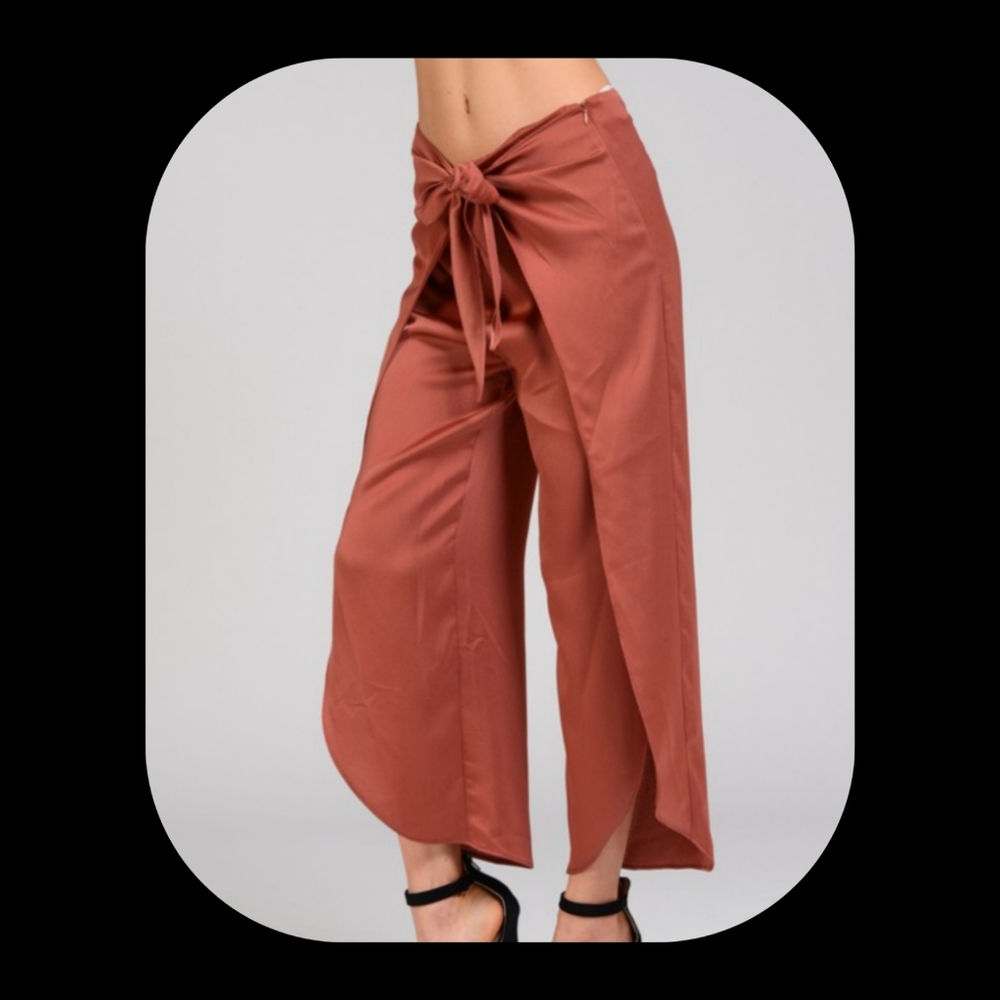 Satin Dress Pants Tulip Hems Palazzo Rust Pumpkin - Picture 4 of 11